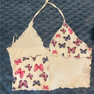 SHEIN Butterfly Print Halter Crop Top - Cream and Pink